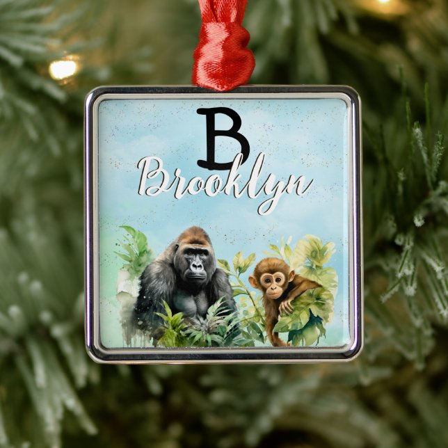 Personlig Gorilla Chimpanzee Jungle Monogram Julgransprydnad Metall (Träd)