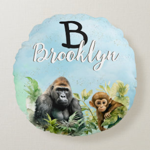 Personlig Gorilla Chimpanzee Jungle Monogram Rund Kudde