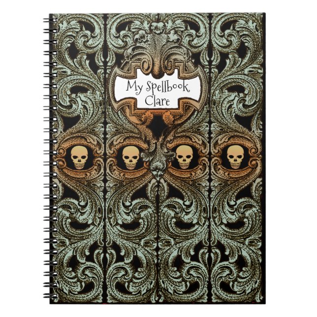 Personlig Goth Grönt Ornament & Skull Spellbook Anteckningsbok (Framsidan)