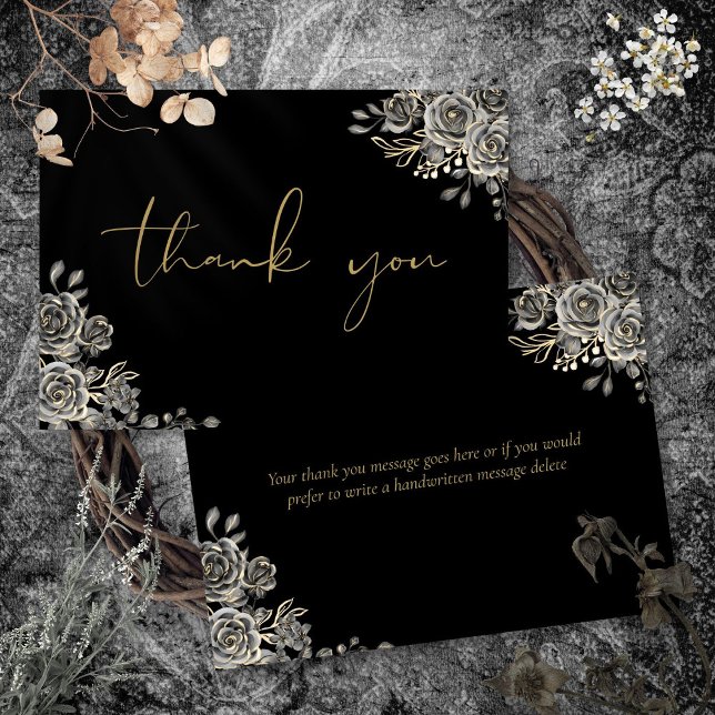 Personlig gotiic Black och Guld Tack Kort (Personalized Gothic Black And Gold Script Thank You Card)