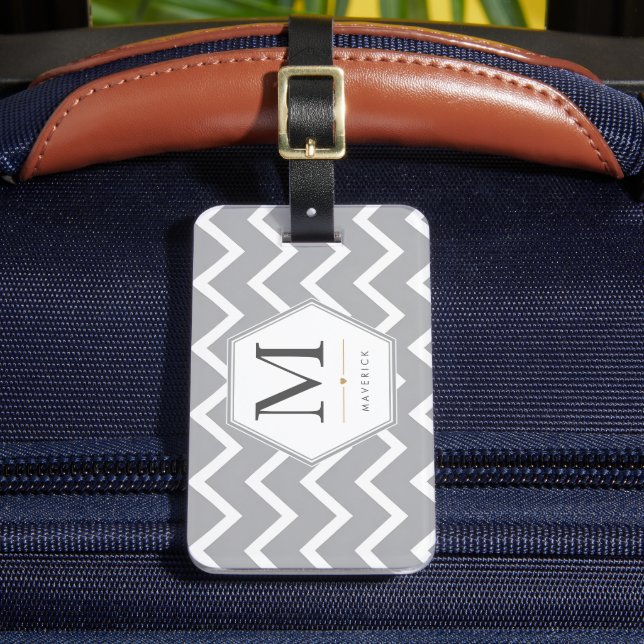 Personlig grå Chevron med Hexagon-monogram Bagagebricka (Framsida Insitu 2)