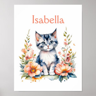Personlig grå kattunge i rosa blommor poster
