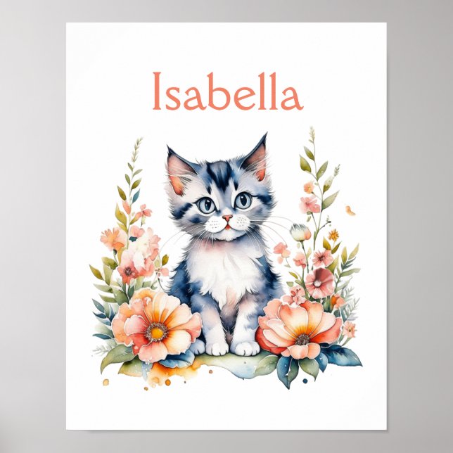 Personlig grå kattunge i rosa blommor poster (Framsidan)