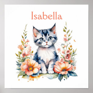 Personlig grå kattunge i rosa blommor poster