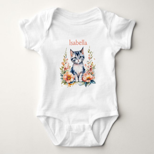 Personlig grå kattunge i rosa blommor t shirt (Framsida)