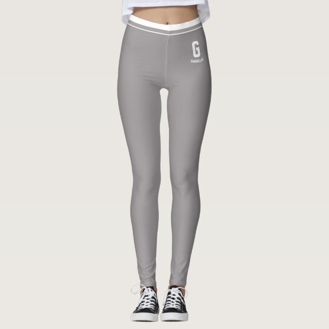 Personlig grå randig vit monogram leggings (Framsida)