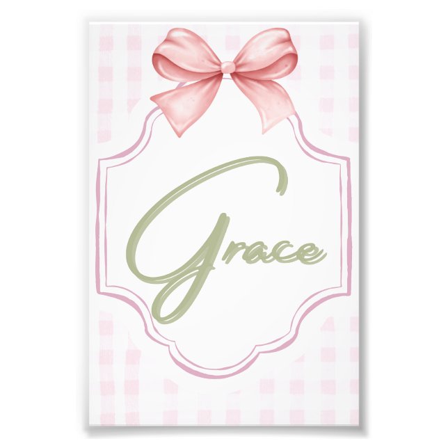 Personlig Grace Flicka Nursery Bow&Gingham Fototryck (Framsidan)