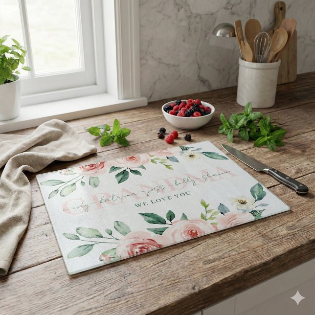Personlig Grandma Clearboard (The beautiful watercolor rose personalized cutting board would make a wonderful gift for grandma! )
