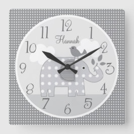 Personlig Grått Dot Elephant Nursery Baby Clock Fyrkantig Klocka