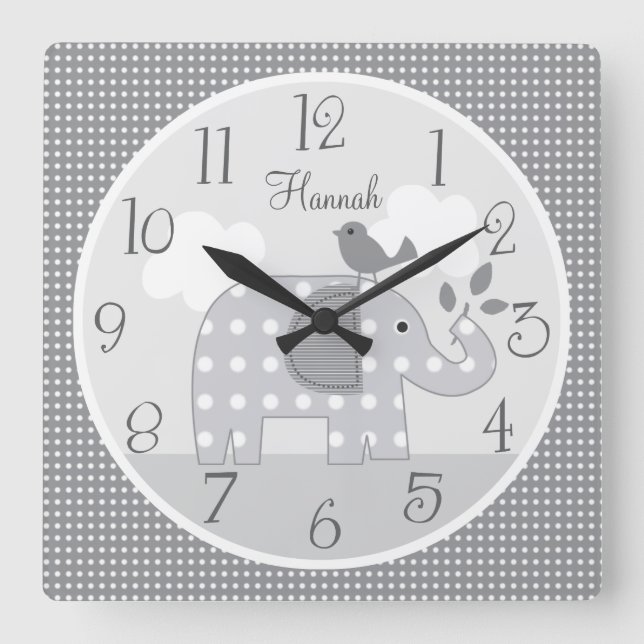 Personlig Grått Dot Elephant Nursery Baby Clock Fyrkantig Klocka (Framsida)