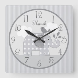 Personlig Grått Dot Elephant Nursery Baby Clock Fyrkantig Klocka
