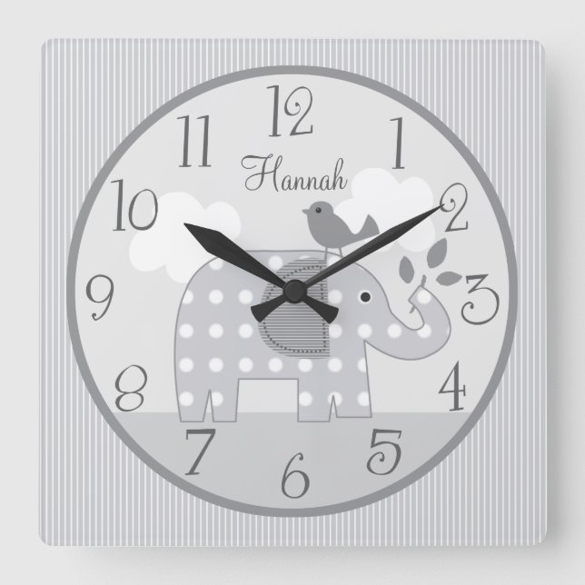 Personlig Grått Dot Elephant Nursery Baby Clock Fyrkantig Klocka (Framsida)