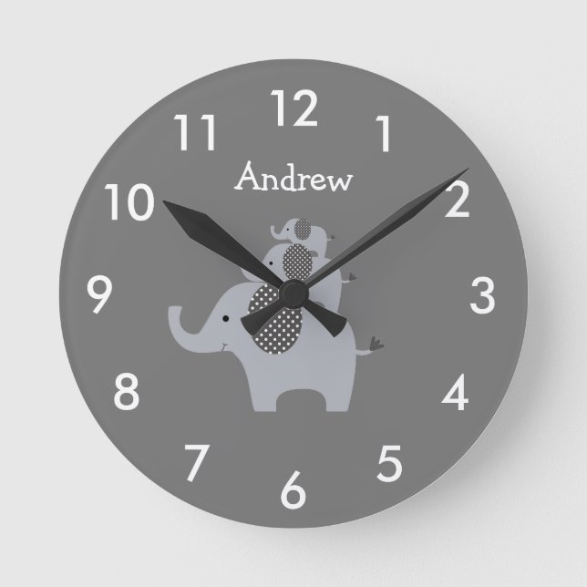 Personlig Grått Elephant Nursery Round Clock Rund Klocka (Framsida)