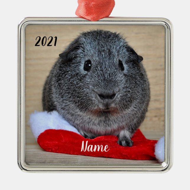 Personlig Grått Guinea Gris Santa Hat Julgransprydnad Metall (Framsidan)