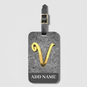Personlig Grått & Guld Monogram Brev V Bagagebricka