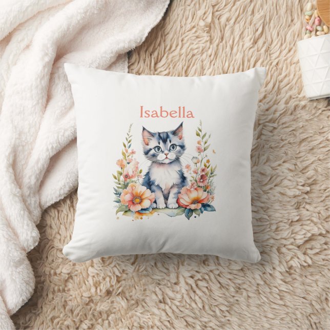 Personlig Grått Kitten i Rosa Flowers Kudde (Filt)