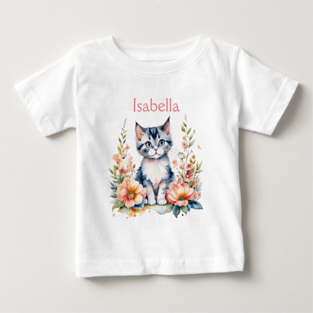 Personlig Grått Kitten i Rosa Flowers T Shirt (Framsida)