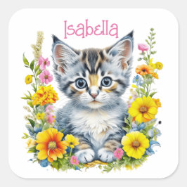 Personlig Grått Kitten och Flowers Watercolor Fyrkantigt Klistermärke