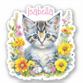 Personlig Grått Kitten och Flowers Watercolor Klistermärken