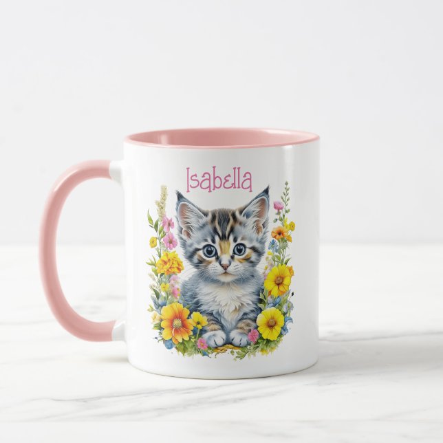 Personlig Grått Kitten och Flowers Watercolor Mugg (Vänster)
