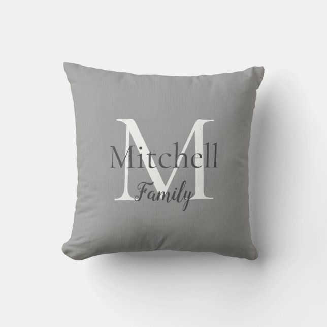 Personlig Grått Linen Family Monogram Kudde (Framsida)
