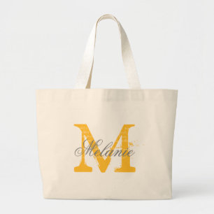 Personlig grått och gult monogram tote bags jumbo tygkasse