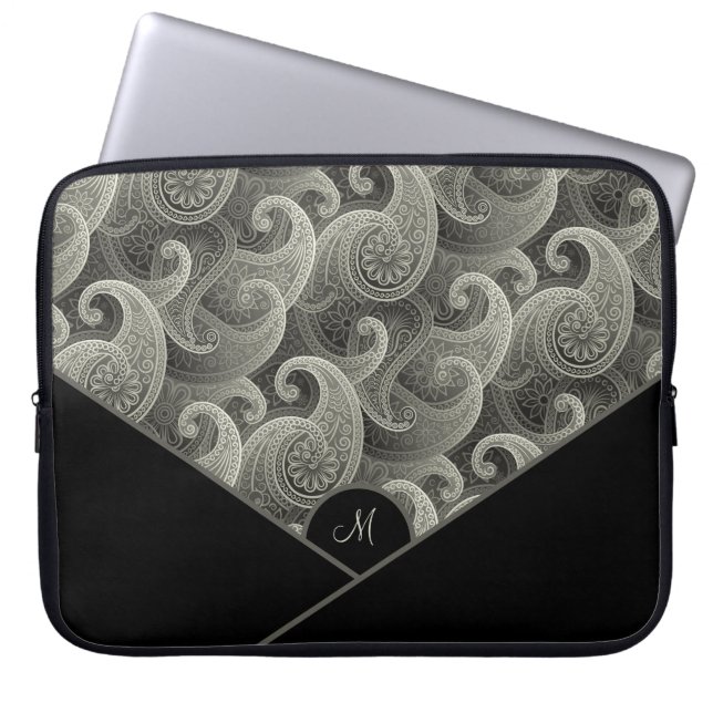 Personlig Grått Paisley Mönster med Monogram Laptop Fodral (Framsidan)
