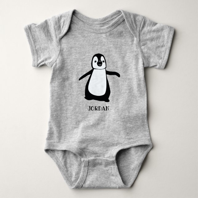 Personlig grått söt penguin illustration baby t shirt (Framsida)