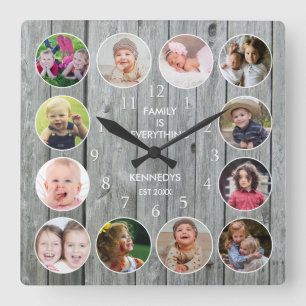 Personlig Grått Wood 12 Family Photo Collage Fyrkantig Klocka