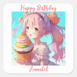 Personlig Grattis på födelsedagen Anime Girl Cuptå Fyrkantigt Klistermärke