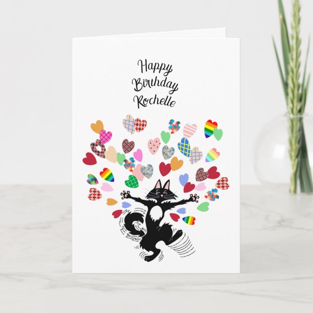 personlig grattis på födelsedagen med katt och hjä kort (Framsida)