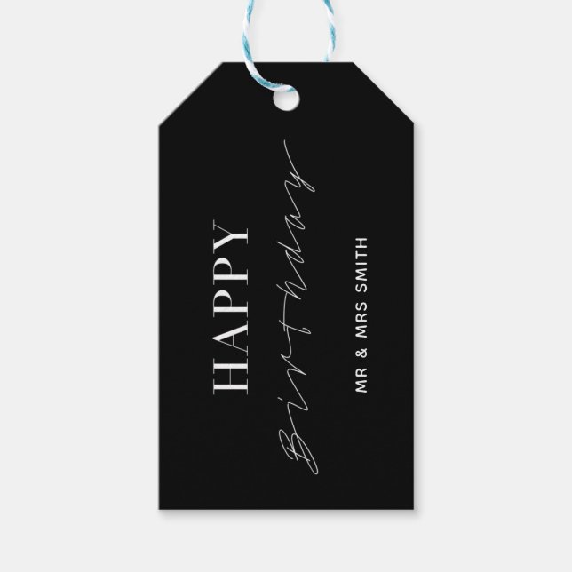 Personlig "Grattis på födelsedagen", svart Presentetikett (Framsidan)