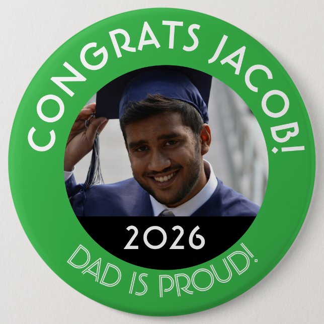 Personlig Gratulerar Grönt för Grad Photo Pappa Pr Knapp (Framsida)