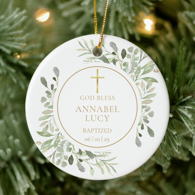 Personlig Greenery Guld Boy eller Girl Baptism Julgransprydnad Keramik (Personalized Greenery Gold Boy Or Girl Baptism Ceramic Ornament)