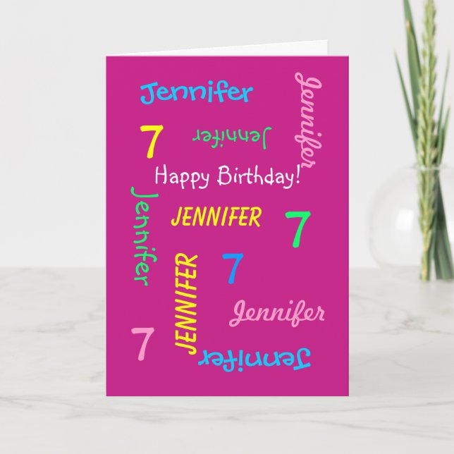 Personlig Greeting Card Namn, 7:e Birthday Rosa Kort (Framsida)