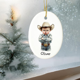 Personlig Grinig Cowboy i Denimdräkt Julgransprydnad Keramik