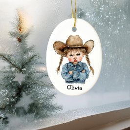 Personlig Grinig Cowgirl i Denimjacka Julgransprydnad Keramik