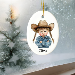 Personlig Grinig Cowgirl i Denimjacka Julgransprydnad Keramik