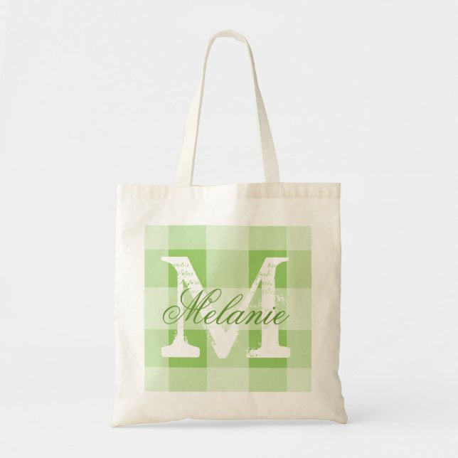 Personlig grön gingham-monogram-handväska tygkasse (Framsidan)