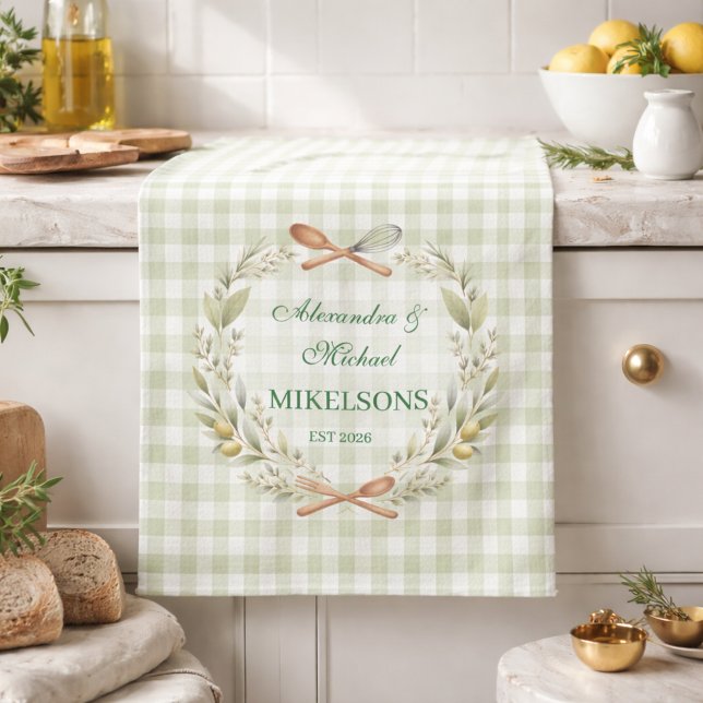 Personlig grön gingham nyförlovad bröllop kökshandduk (Skapare uppladdad)