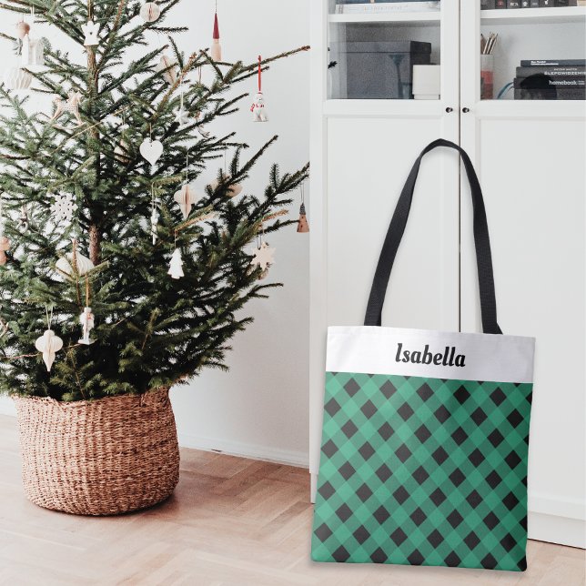 Personlig grön rutig buffelmönstrad tygkasse (An elegant personalized tote bag, ideal for Christmas shopping, with green buffalo check pattern)