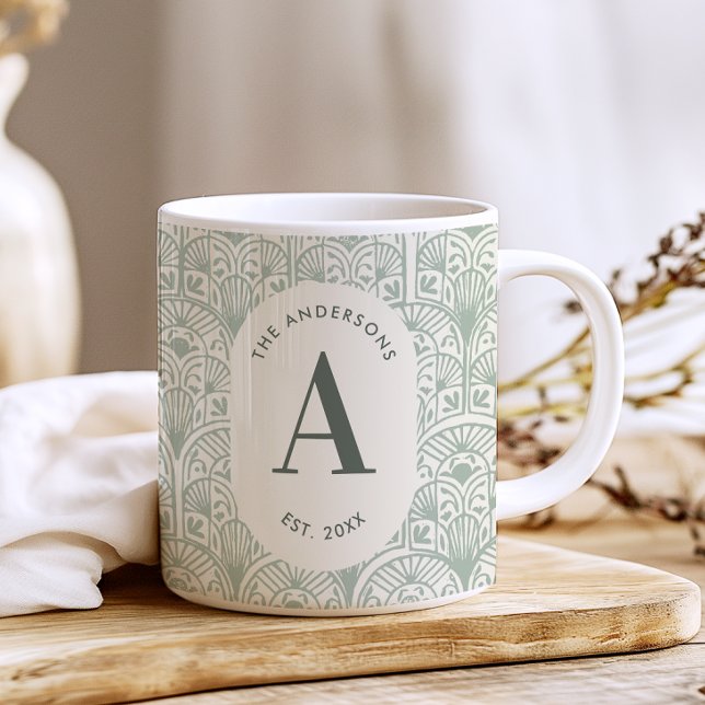 Personlig grön salvia-monogram Elegant Art Deco Kaffemugg (Skapare uppladdad)