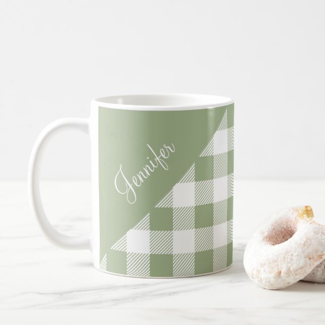 Personlig grönrutig gingham kaffemugg (Med munk)