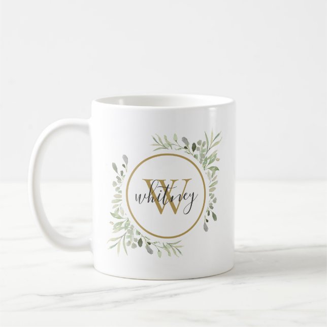 Personlig Grönska Guld Monogram Skrift Kaffemugg (Vänster)