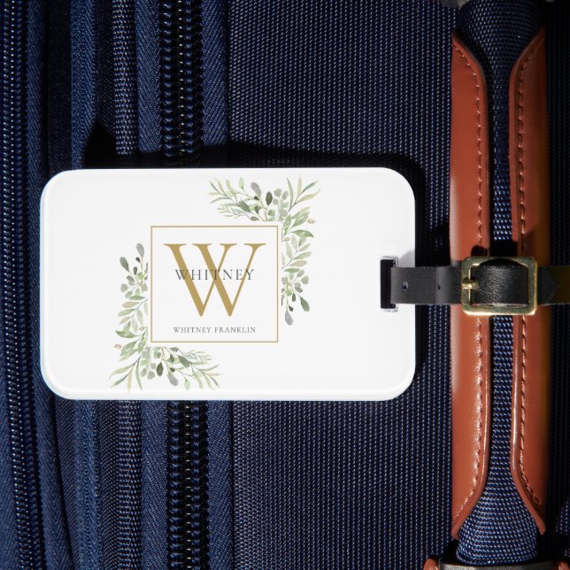 Personlig Grönska Guldmonogram Modern Bagagebricka (Framsida Insitu 4)