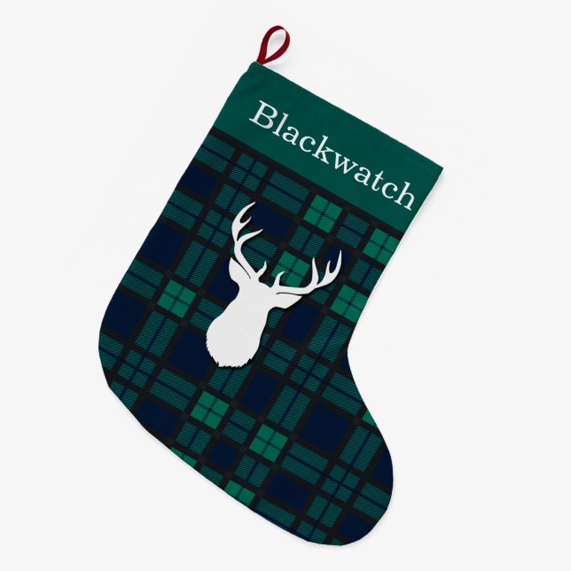 Personlig Grönt Blackwatch Tartan Hjort Stor Julstrumpa (Framsidan (Hängande))