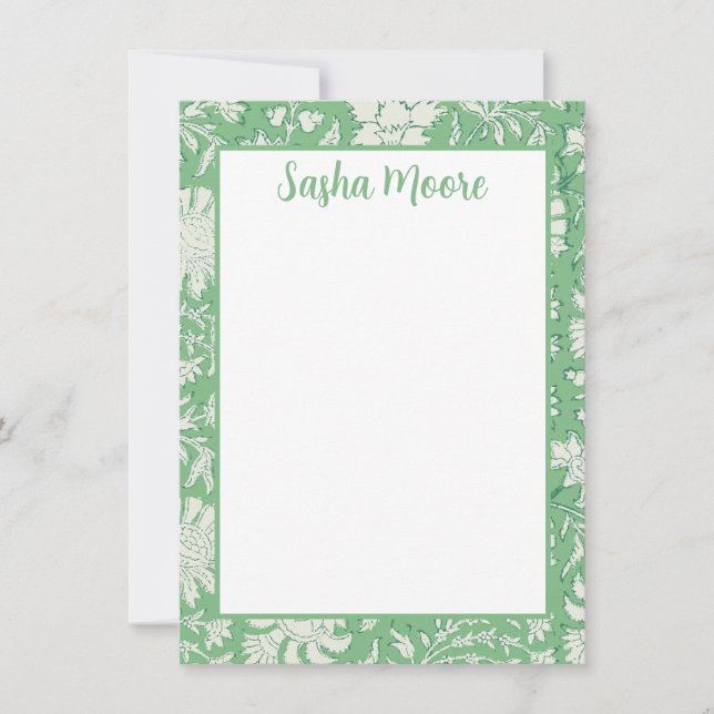 Personlig Grönt Blommigt Block Print Stationery Tack Kort (Framsida)