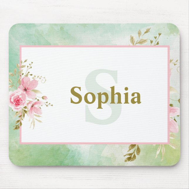 Personlig Grönt Blommigt med Namn och Monogram Musmatta (Framsidan)