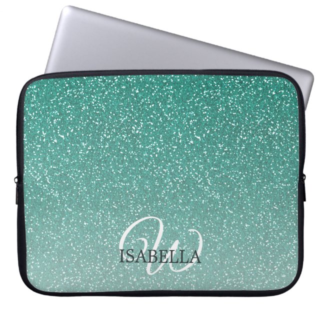 Personlig Grönt Glitter Ombre Namn Monogram Laptop Fodral (Framsidan)