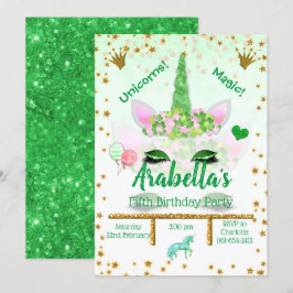 Personlig Grönt Glitter Unicorn Birthday Inbjudningar